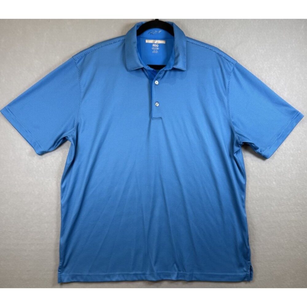 Greg Norman Shark Polo Shirt Blue StripeShort Sleeve Mens XL 3-Button Polyester